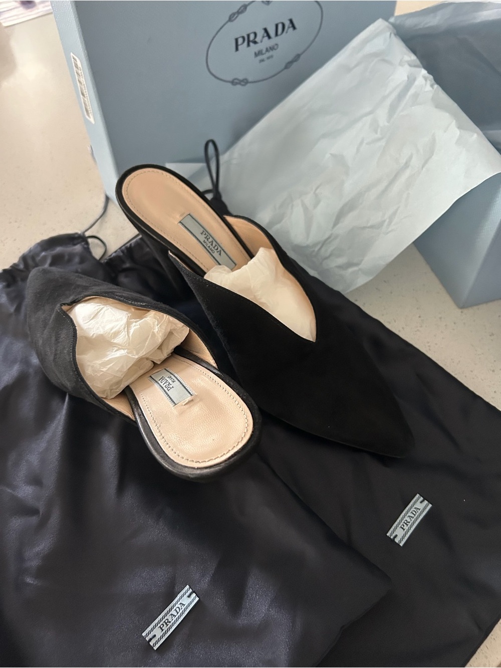 AUTHENTIC Prada Black Suede Pointed Slip-On Mule - slightly used - made in Italy